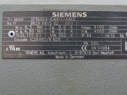 Siemens 1FT6064-6AH71-4AK3 Servo Motor 302V 9100 RPM 3PH Encoder IC2048S/R B25