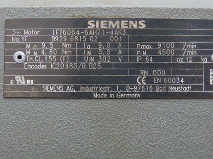 Siemens 1FT6064-6AH71-4AK3 Servo Motor 302V 9100 RPM 3PH Encoder IC2048S/R B25
