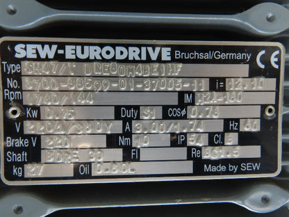 Sew-Eurodrive SH47/T DRE80M4BE1HF Gearmotor 12:1 Reducer 1Hp 220V 3PH w/Brake