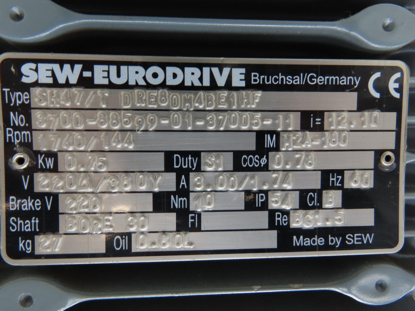 Sew-Eurodrive SH47/T DRE80M4BE1HF Gearmotor 12:1 Reducer 1Hp 220V 3PH w/Brake