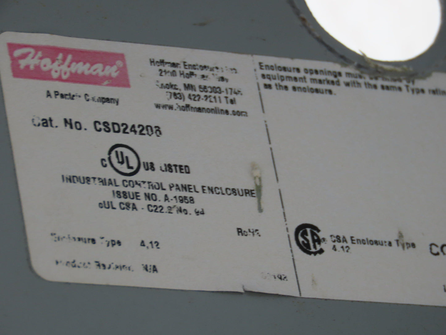 Hoffman CSD24206 Electrical Enclosure 24x20x6" w/Backplate Nema 12