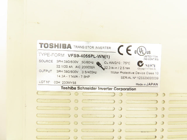 Toshiba VFS9-4055PL-WN(1) Transistor Inverter AC Drive 380/500V 14.3A 7.5HP 3PH