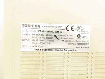 Toshiba VFS9-4055PL-WN(1) Transistor Inverter AC Drive 380/500V 14.3A 7.5HP 3PH