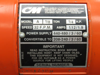 CM Lodestar A Electric Chain Hoist 1/8 Ton 250 LB 32 FPM 12' Lift 230/460 Volt
