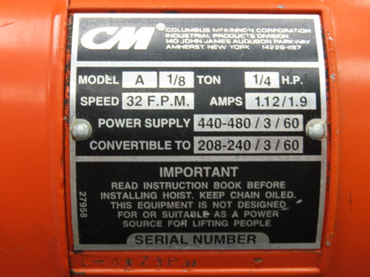 CM Lodestar A Electric Chain Hoist 1/8 Ton 250 LB 32 FPM 12' Lift 230/460 Volt