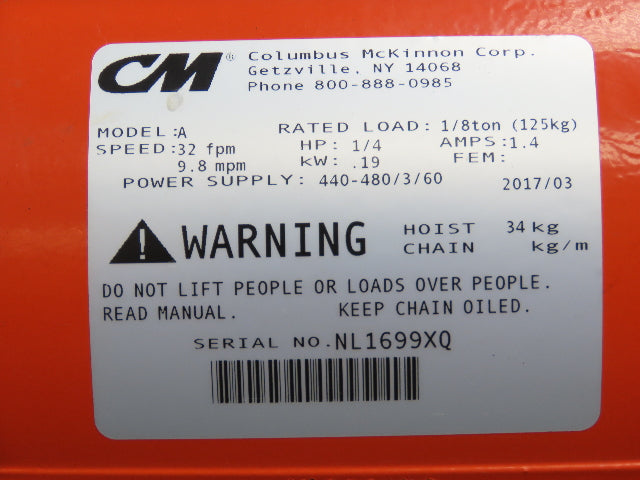 CM Lodestar A Electric Chain Hoist 1/8 Ton 32 FPM Variable Speed 15' Lift  New