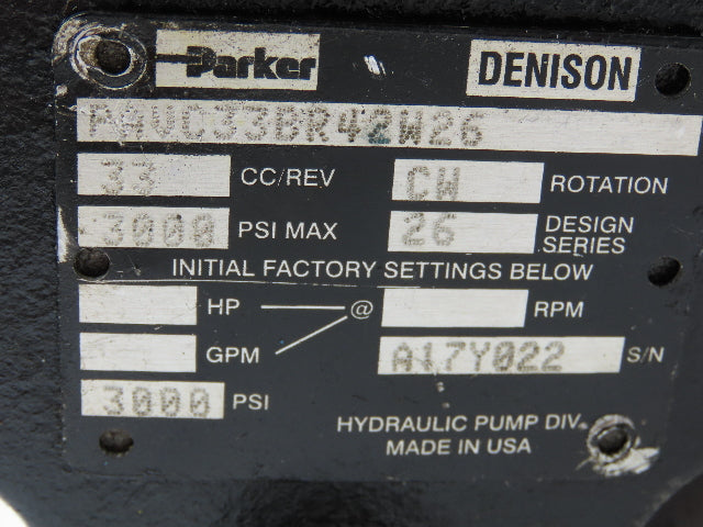 Parker PAVC33BR42W26 Hydraulic Variable Piston Pump 15gpm 3000psi