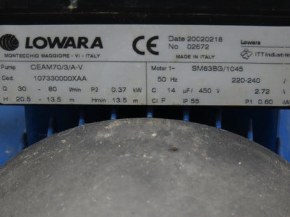 Lowara CEAM70/3/A-V Water Coolant Pump 70 L/Min 18GPM Stainless Heated 12G Tank