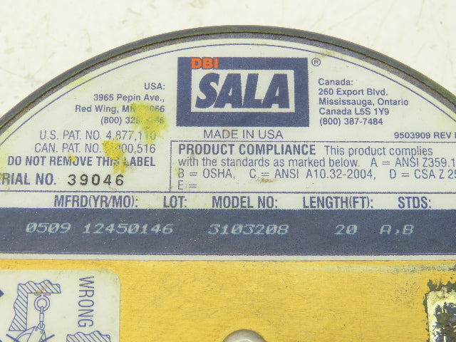 DBI Sala 3103208 Ultra-Lok Self Retracting Safety Lifeline 20'