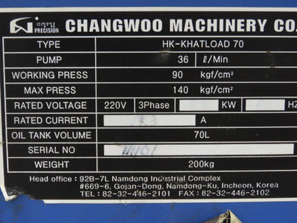 Changwoo Machinery HK-KHATLOAD 70 Hydraulic Pump Power Unit 70L 9-1/2GPM 5.5kW