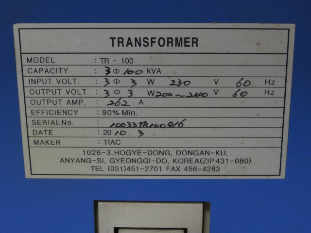 Hankwang TR-100 Power Transformer 100kVA 200-240V 300A Circuit Breaker