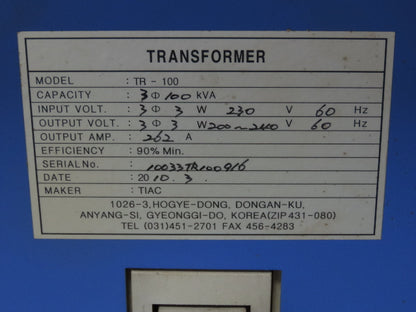 Hankwang TR-100 Power Transformer 100kVA 200-240V 300A Circuit Breaker