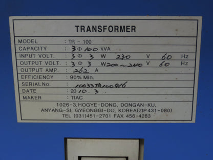 Hankwang TR-100 Power Transformer 100kVA 200-240V 300A Circuit Breaker
