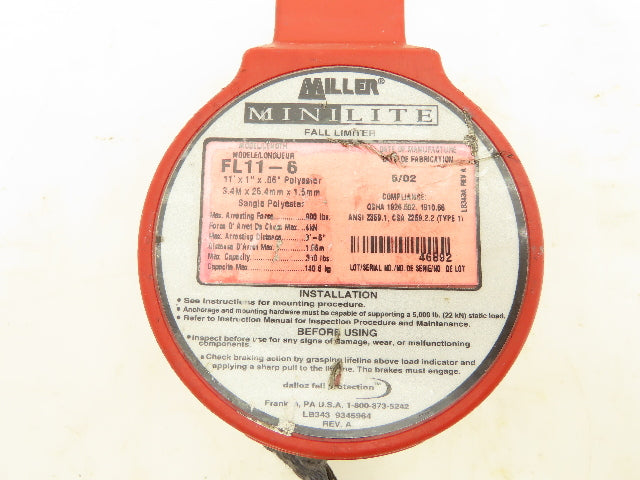 Miller FL11-6 Mini Lite Fall Protection 11' Lanyard w/Swivel Shackle Rebar Hook