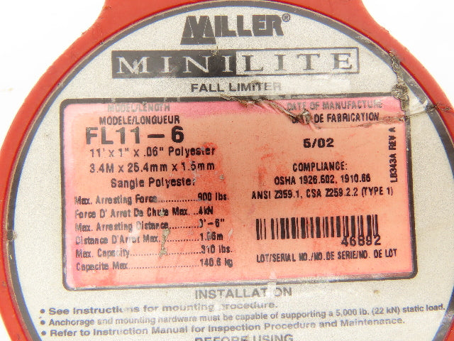 Miller FL11-6 Mini Lite Fall Protection 11' Lanyard w/Swivel Shackle Rebar Hook