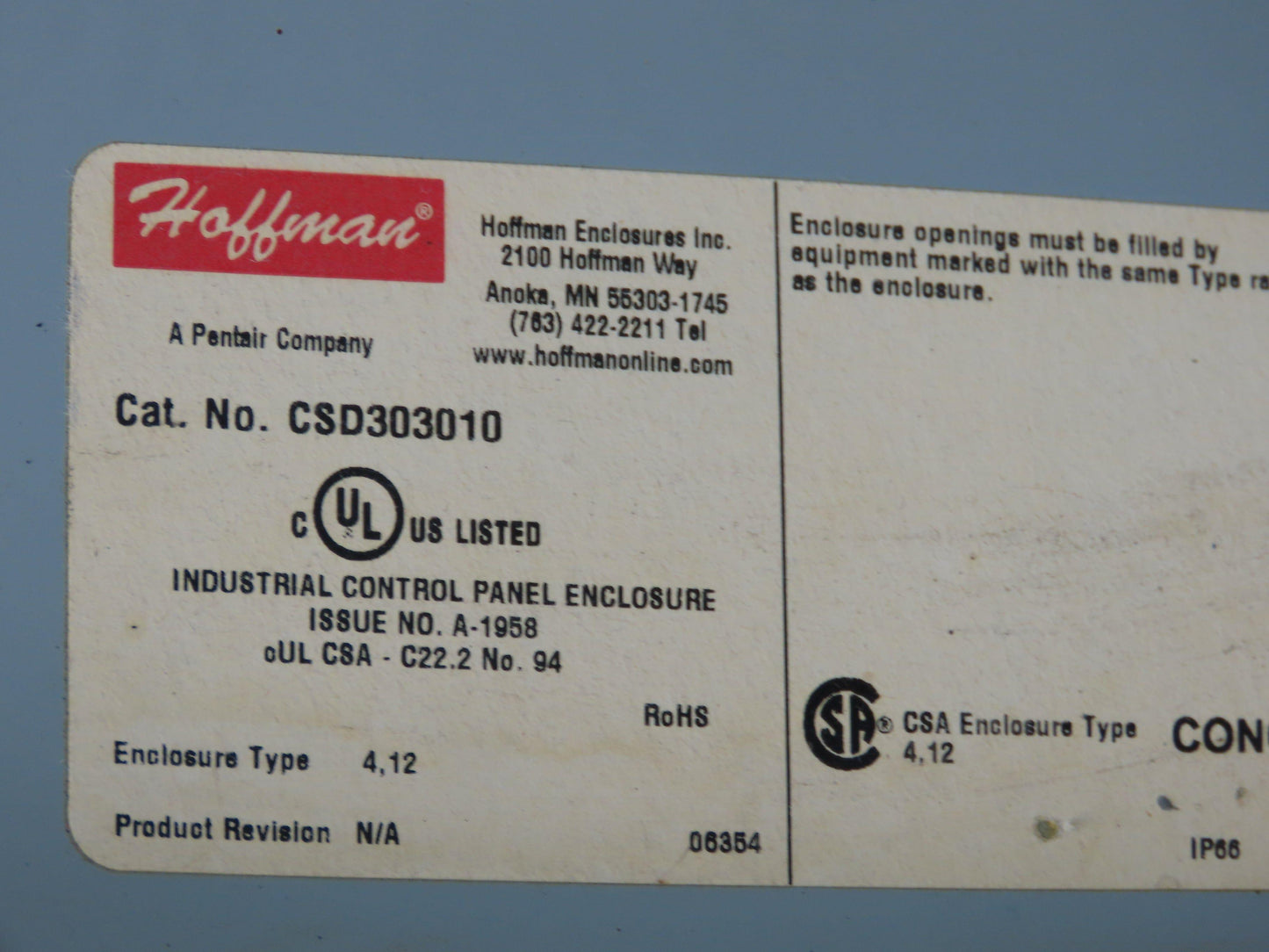 Hoffman CSD303010 Electrical Box Enclosure 30x30x10" Backplate