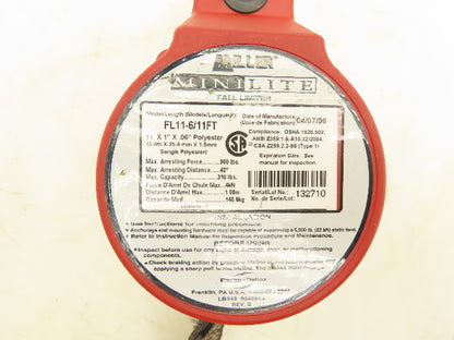 Miller FL11-6/11FT Minilite Fall Limiter 11' Lanyard w/Swivel Shackle Rebar Hook