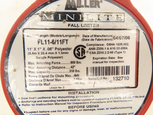 Miller FL11-6/11FT Minilite Fall Limiter 11' Lanyard w/Swivel Shackle Rebar Hook
