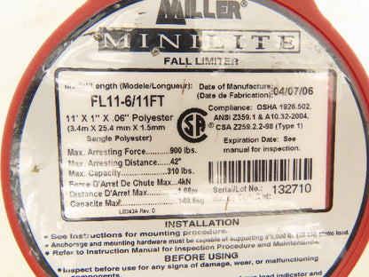 Miller FL11-6/11FT Minilite Fall Limiter 11' Lanyard w/Swivel Shackle Rebar Hook