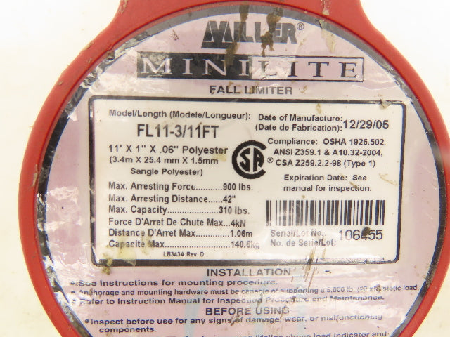 Miller FL11-3/11FT MiniLite Fall Limiter 11' Lanyard w/Swivel Shackle