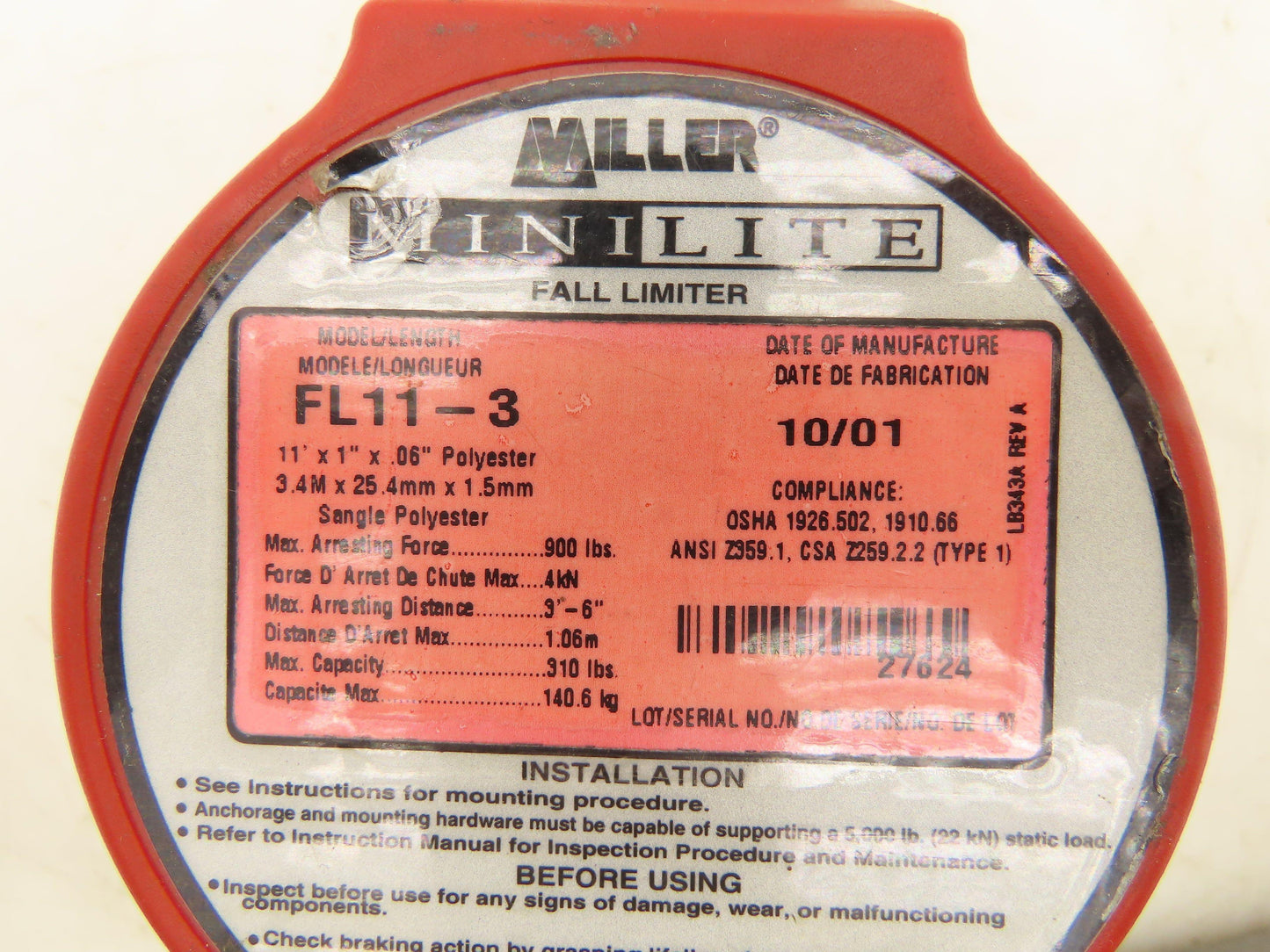 Miller FL11-3 Minilite Fall Limiter 11' Lanyard w/TwistLock Swivel Shackle