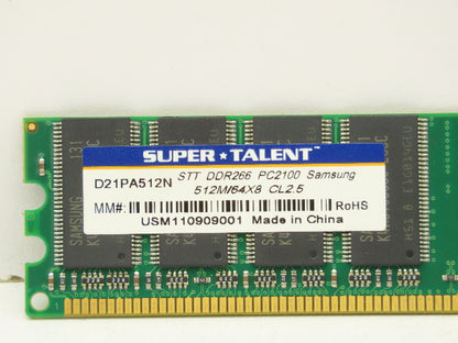 Super Talent D21PA512N Memory Module 512MB PC2100 DDR-266MHz non-ECC Unbuffered