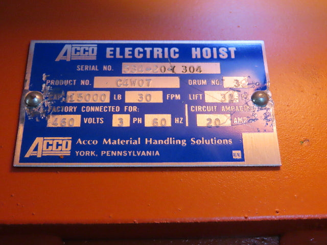 Acco Wright 7.5 Ton Double Girder Underhung Bridge Crane 18' 3" Span Work Rated