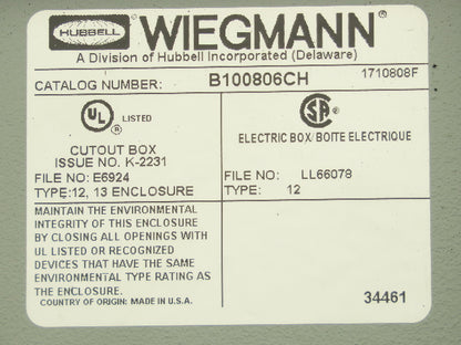 Wiegmann B100806CH Wall Mount Electrical Enclosure 10x8x6" With Disconnect