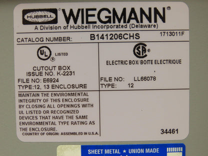 Wiegmann B141206CHS Wall Mount Electrical Enclosure 14x12x6" With Backplate