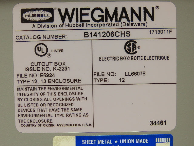 Wiegmann B141206CHS Wall Mount Electrical Enclosure 14x12x6" With Backplate