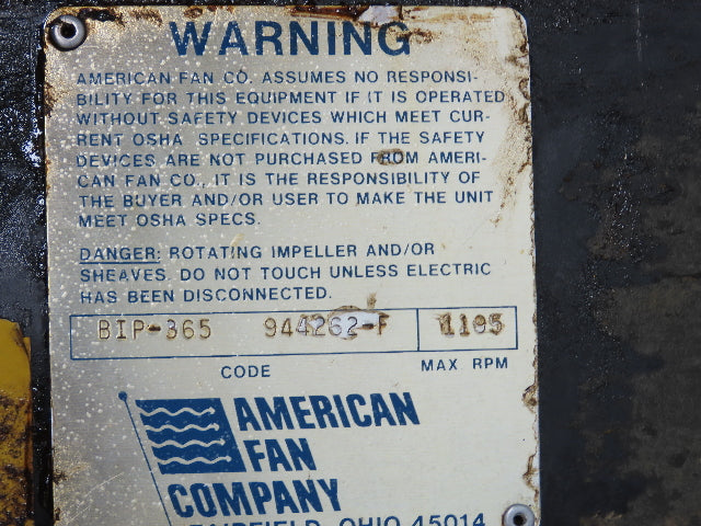 American Fan BIP-365 Backward Incline Blower Fan 37" OD 20Hp 230/460V 3Ph
