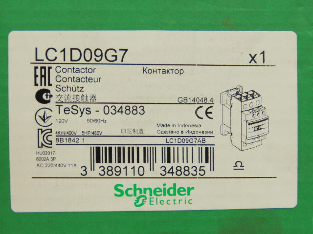 Schneider LC1D09G7 Contactor 120V Coil 9A 600VAC 3PH 1NO/1NC 8Hp