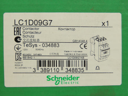 Schneider LC1D09G7 Contactor 120V Coil 9A 600VAC 3PH 1NO/1NC 8Hp