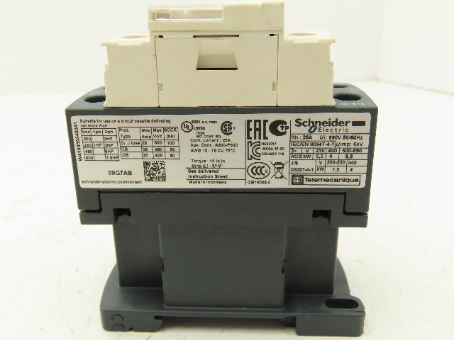Schneider LC1D09G7 Contactor 120V Coil 9A 600VAC 3PH 1NO/1NC 8Hp