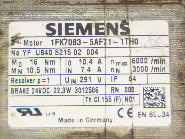 Siemens 1FK7083-5AF71-1TH0 Servo Motor 16Nm 6000RPM 24VDC Brake