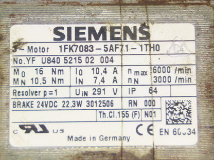 Siemens 1FK7083-5AF71-1TH0 Servo Motor 16Nm 6000RPM 24VDC Brake