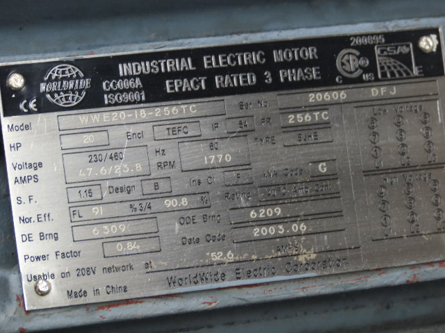 Nachi Worldwide WWE20-18-256TC Electric Motor Piston Pump 21GPM 230/460V 1770RPM