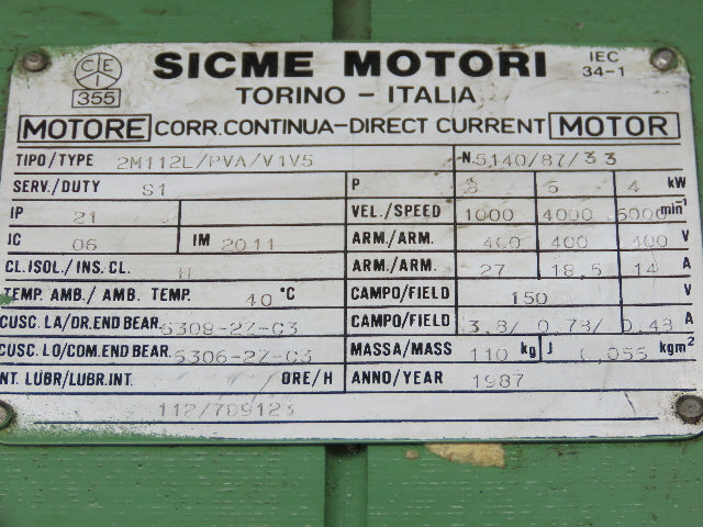 Sicme Motori 2M112 L-PVA/V1-V5 Electric DC Motor Radial Fan 8kW 6000 RPM 400V