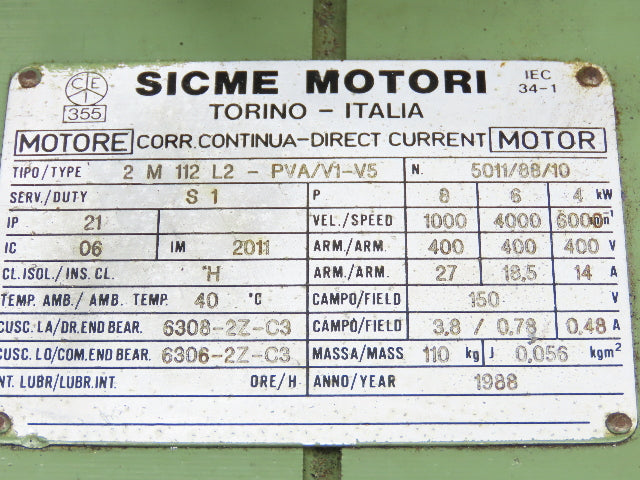 Sicme Motori 2 M 112 L2-PVA/V1-V5 Electric DC Motor Radial Fan 8kW 6000 RPM 400V