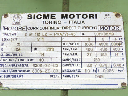 Sicme Motori 2 M 112 L2-PVA/V1-V5 Electric DC Motor Radial Fan 8kW 6000 RPM 400V