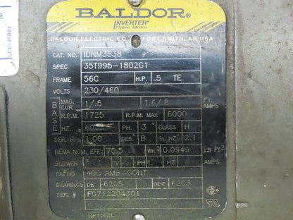 Baldor IDNM3538 Gearmotor .5Hp 230/460V 3PH 60:1 Reducer 29rpm LH 56C