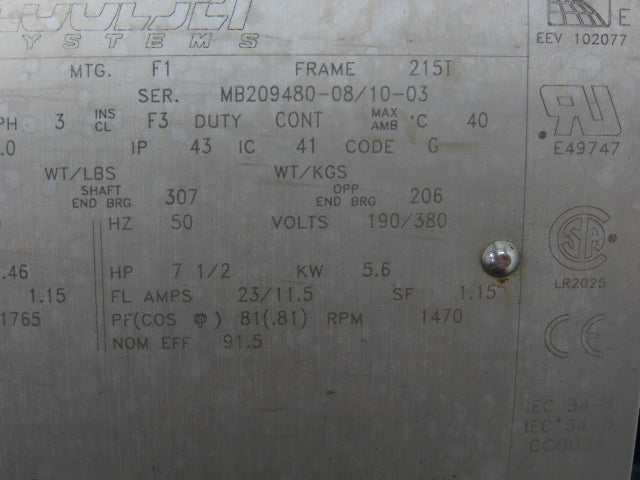 Cooljet Systems BVJ215TTFS6063APL Electric Motor 7.5HP 215T Frame 1765RPM 3PH
