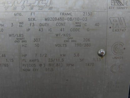 Cooljet Systems BVJ215TTFS6063APL Electric Motor 7.5HP 215T Frame 1765RPM 3PH