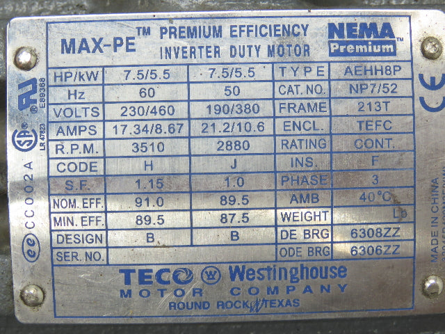 TECO-Westinghouse AEHH8P MAX-PE Inverter Duty Motor 7.5 HP/5.5 kW 213T Frame