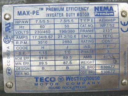 TECO-Westinghouse AEHH8P MAX-PE Inverter Duty Motor 7.5 HP/5.5 kW 213T Frame