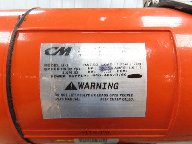 CM Lodestar A2 Electric Chain Hoist 1/8 Ton 10/32 FPM 2 Speed 14' Lift 460 Volt