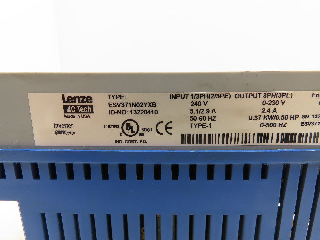 Lenze ESV371N02YXB SMVector AC Drive Variable Speed Inverter VFD .5Hp 230V 3PH