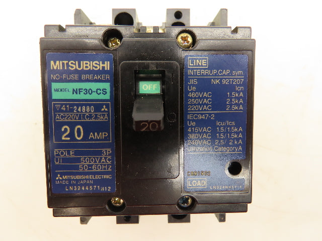 Mitsubishi NF30-CS No Fuse Breaker 20A 500VAC 3 Pole 2.5KA