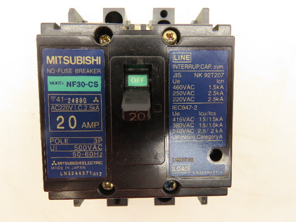Mitsubishi NF30-CS No Fuse Breaker 20A 500VAC 3 Pole 2.5KA