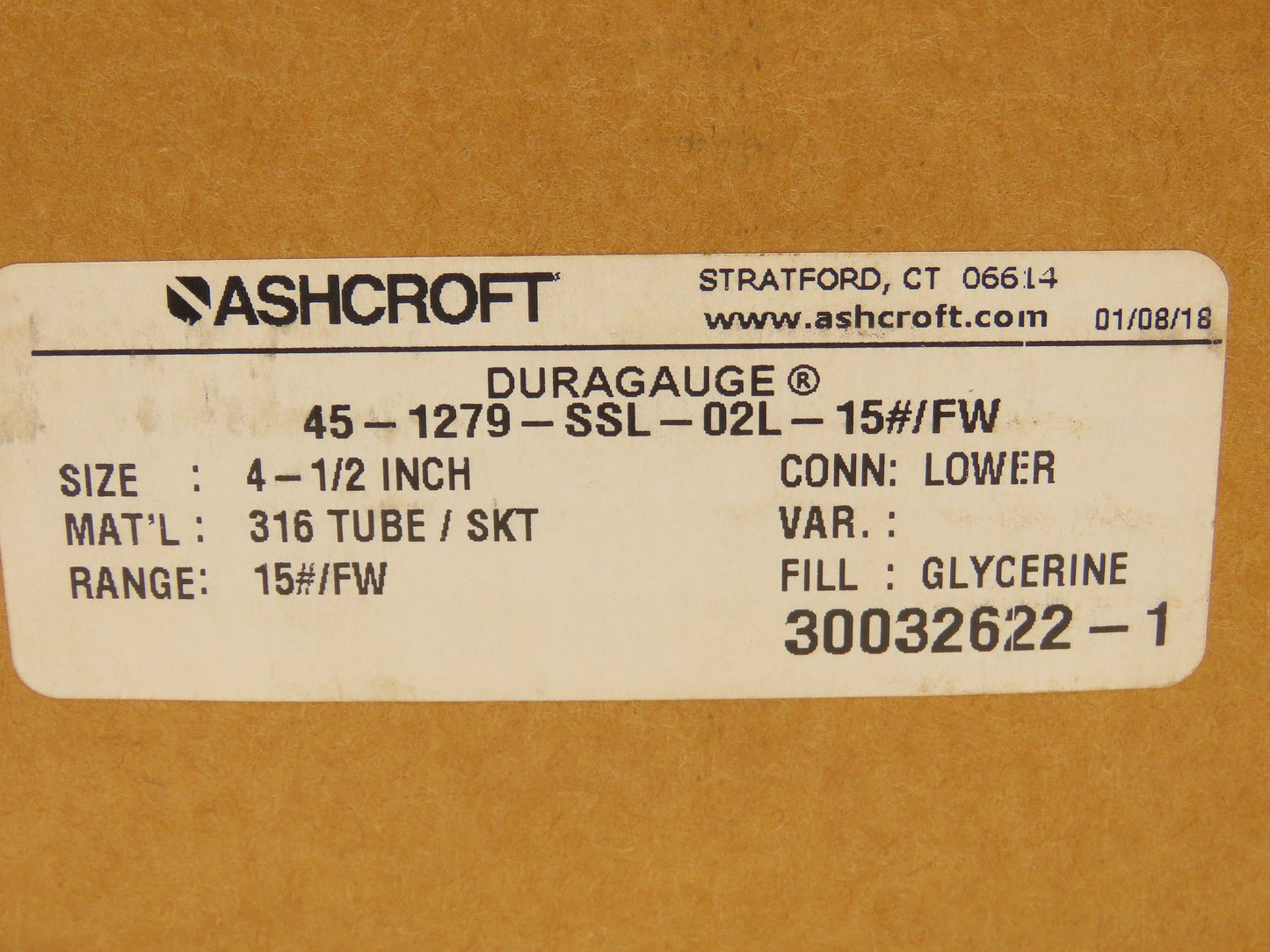 Ashcroft 45-1279-SSL-02L-15# Duraguage Pressure Guage 0-15PSI 4.5" Case 1/4"NPT